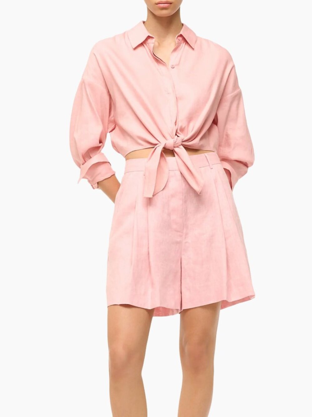 STAUD Linen Faded Blush Pink Tie-Front Button Down Shirt and Cruz shorts set